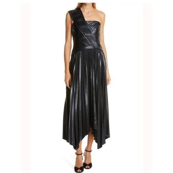 JONATHAN SIMKHAI One-Shoulder Pleated Faux Leather Midi Dress Women’s 8 - Picture 1 of 6
